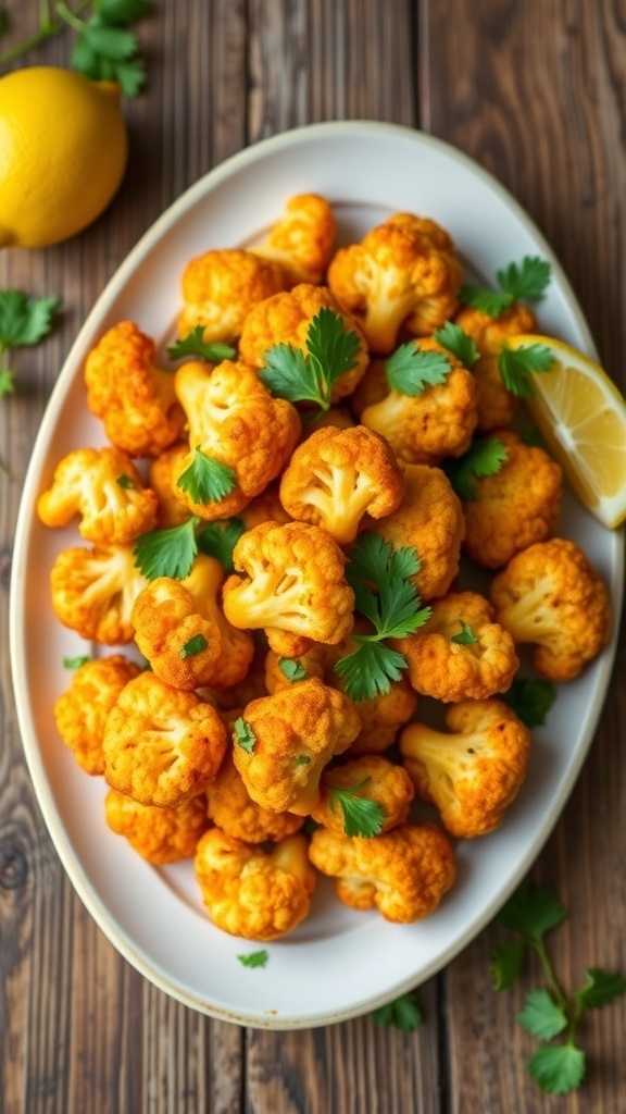 Crispy cauliflower 65 garnished with coriander and lemon wedges on a rustic table.